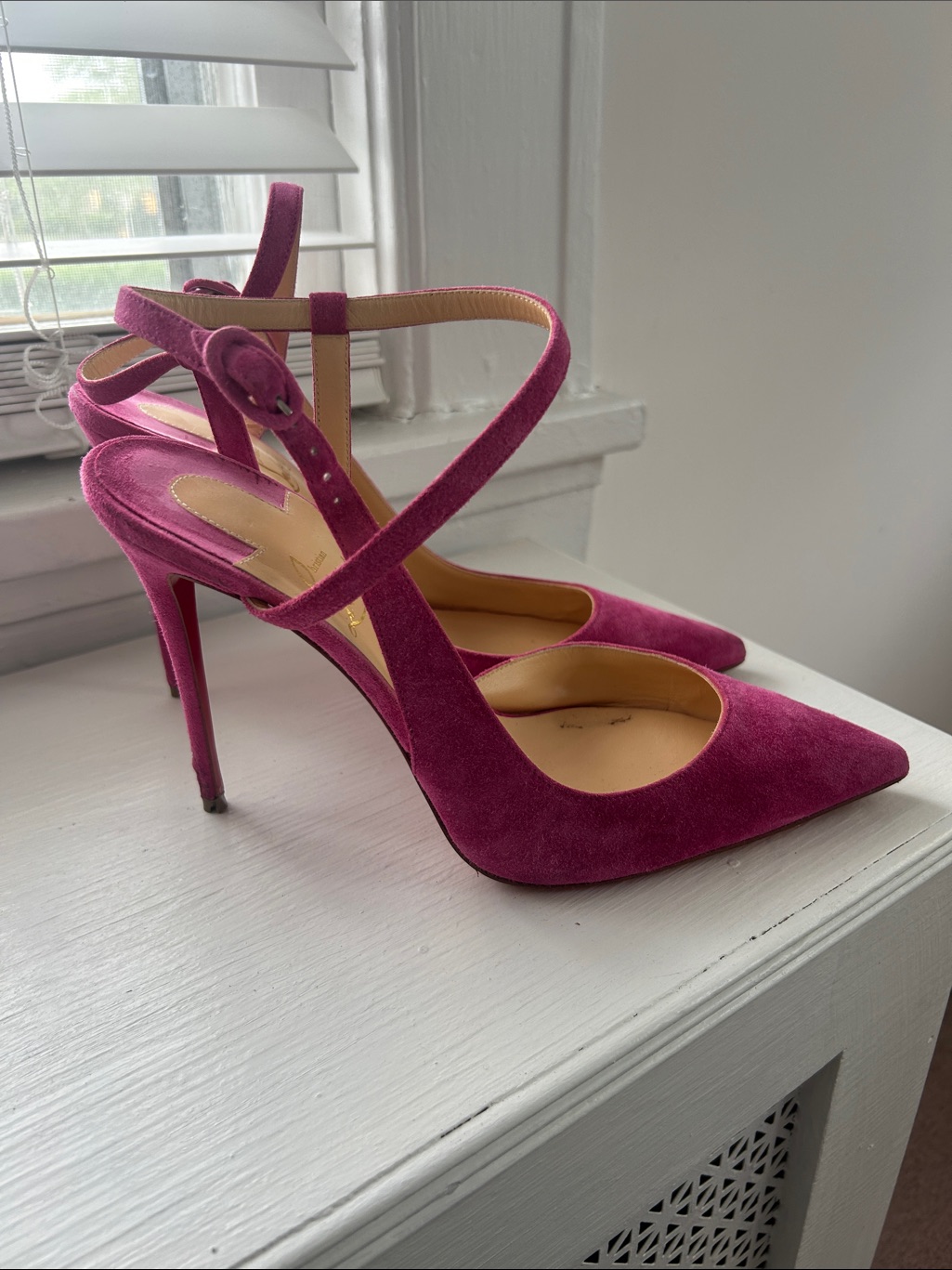 Christian Louboutin Fuchsia Suede Pointed-Toe Ankle-Tie Stilettos 41